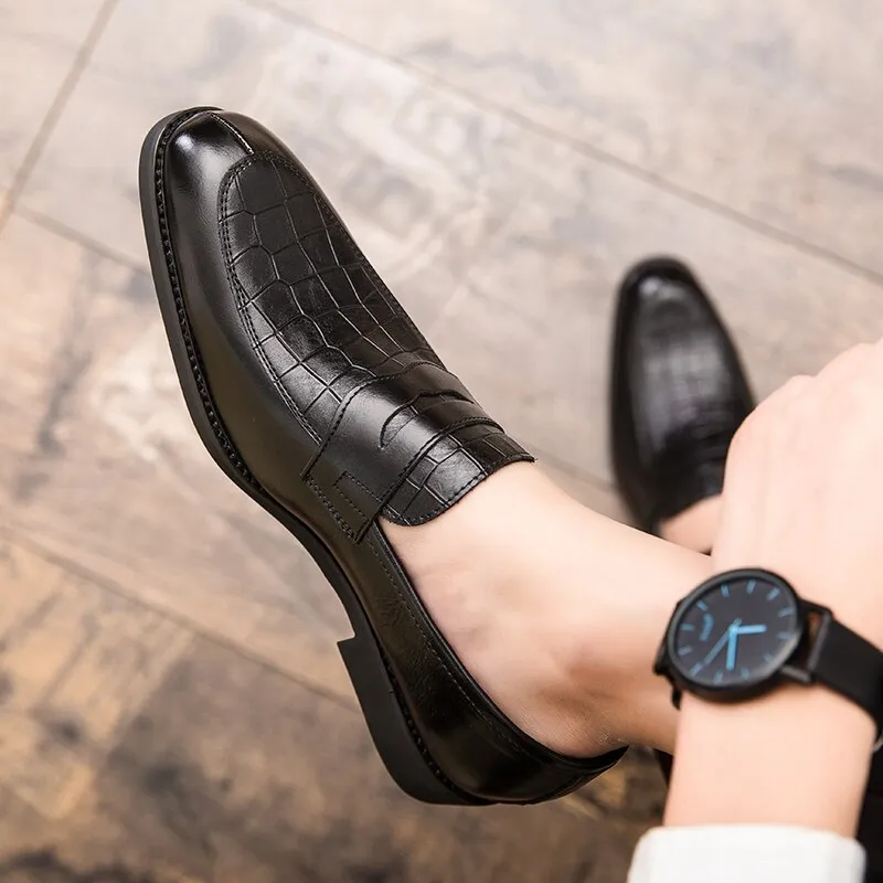 Yeknu Fashion Leather Formal Mens Crocodile Pattern Shoes Pointed Toe Casual Party Office Oxford Platform Shoes 5861
